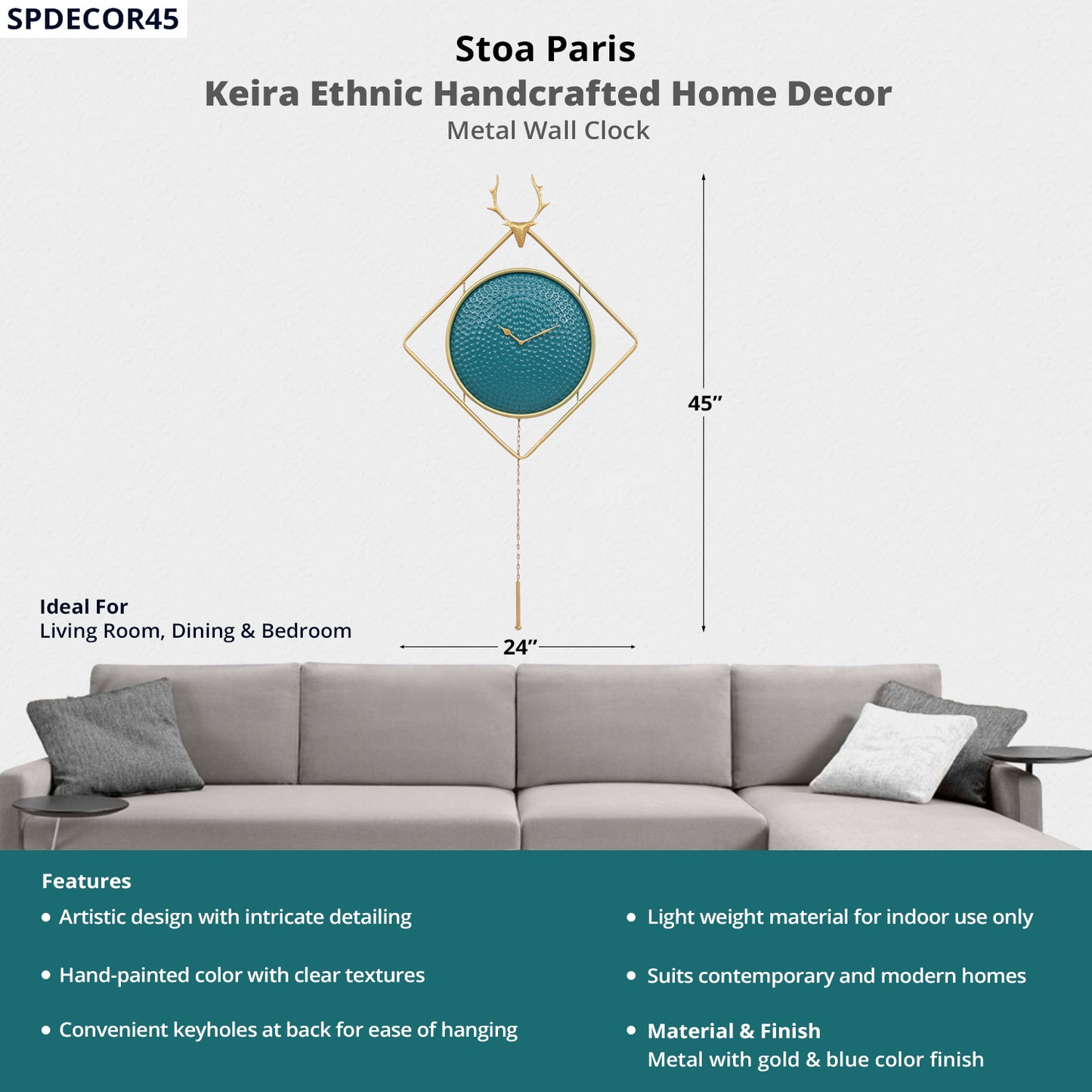 Fiona - Handcrafted Décor - Metal Wall Clock - Gold And Blue Colour