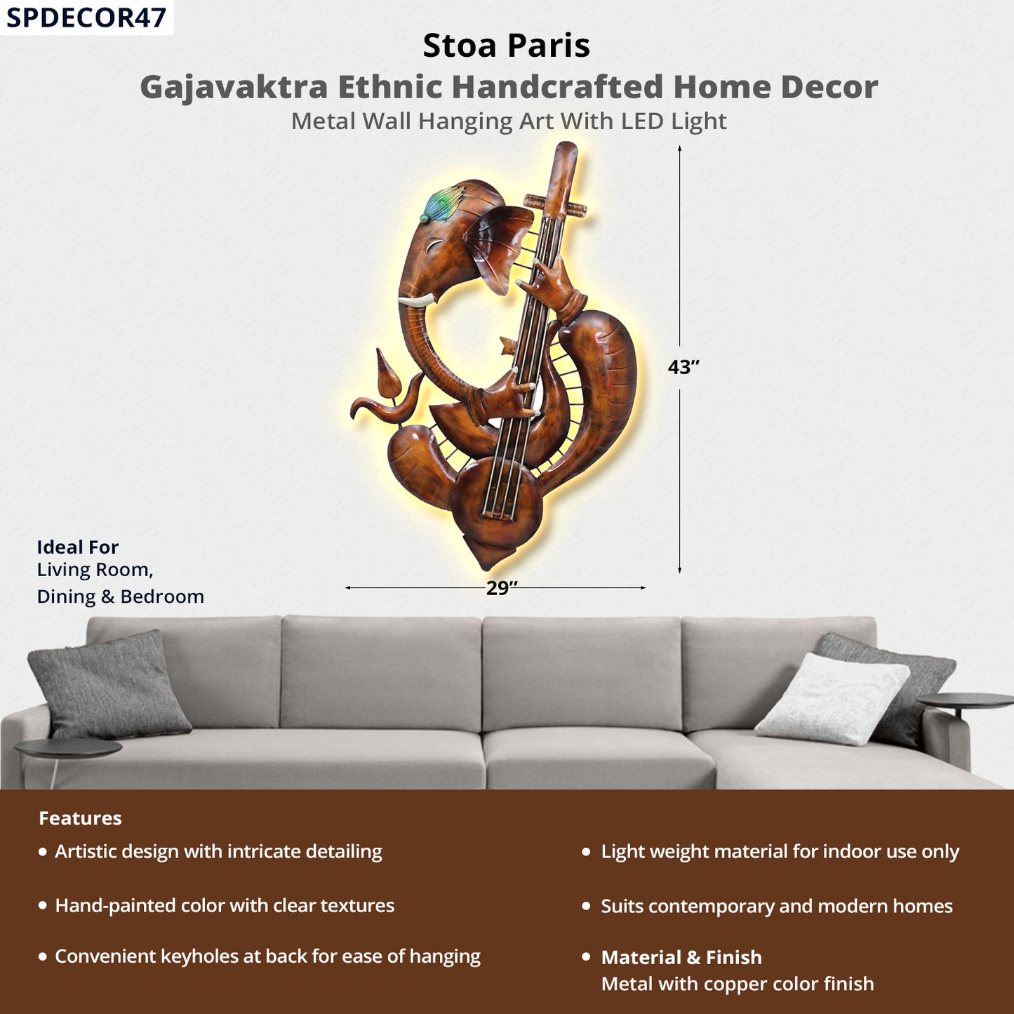Gajavaktra - Handcrafted Décor With LED Light - Lord Ganesha Design - Copper Colour