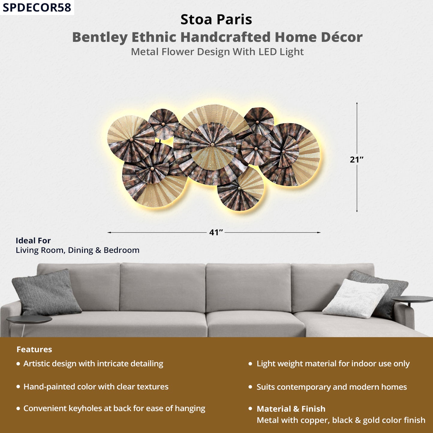 Bentley - Handcrafted Décor With LED Light - Metal Flower Design - Copper & Gold Colour
