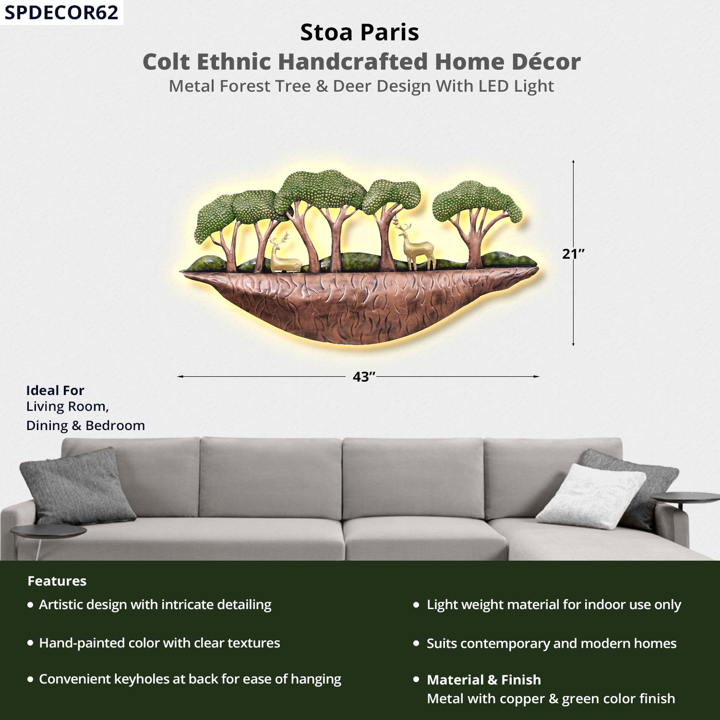 Colt - Handcrafted Décor With LED Light - Metal Forest Tree & Deer Design - Multi Colour