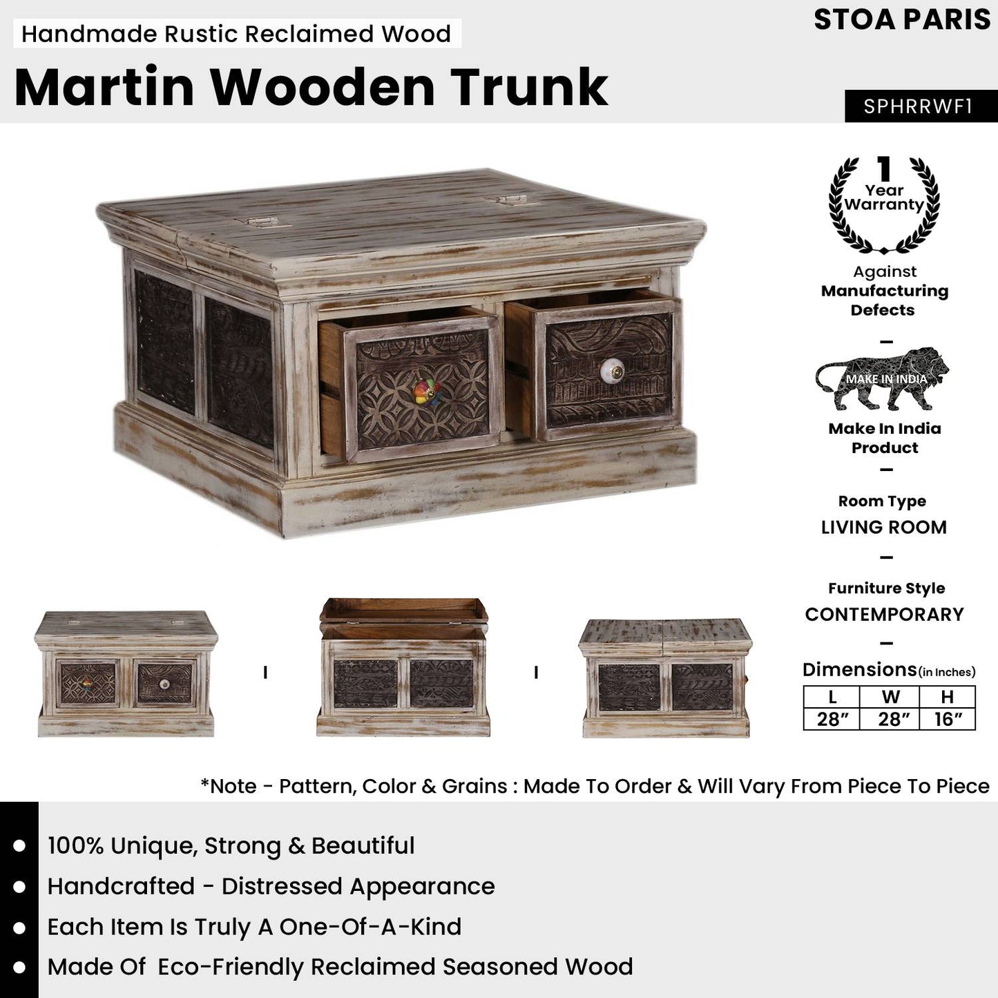Martin Handmade Rustic Reclaimed Wood Trunk In Distress Natural Paint Finish