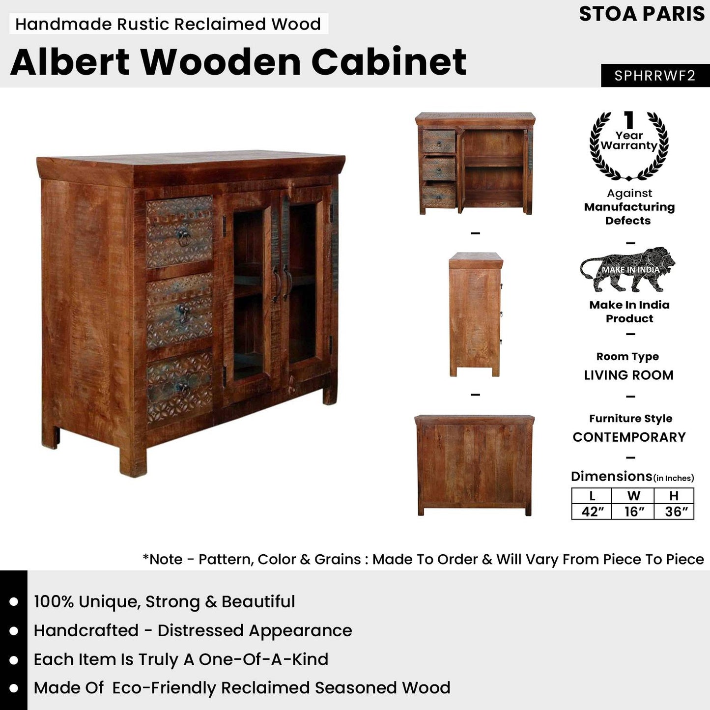 Albert Handmade Rustic Reclaimed Wood Cabinet In Distress Finish