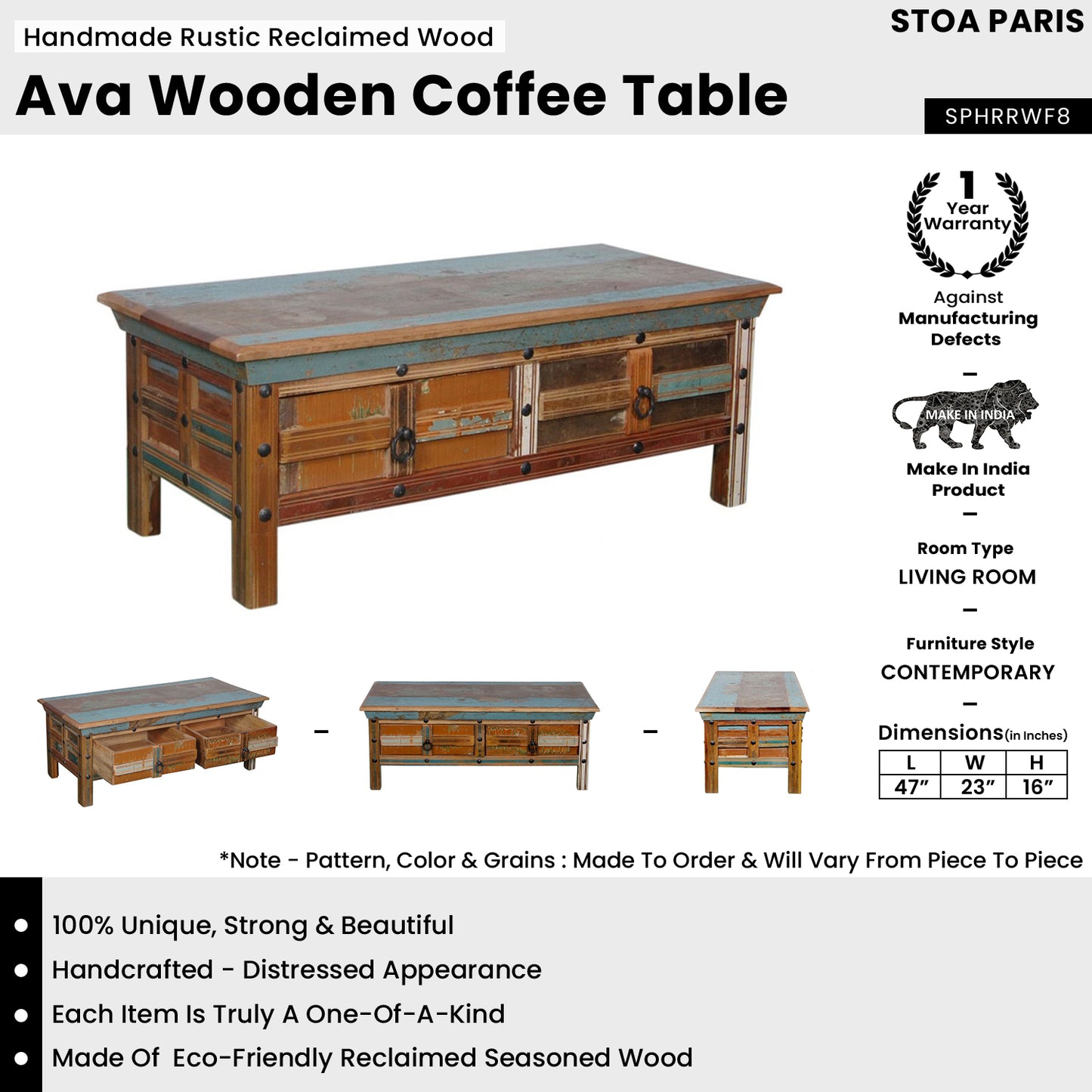 Ava - Handmade Rustic Reclaimed Wood Coffee Table In Distress Polish Shade