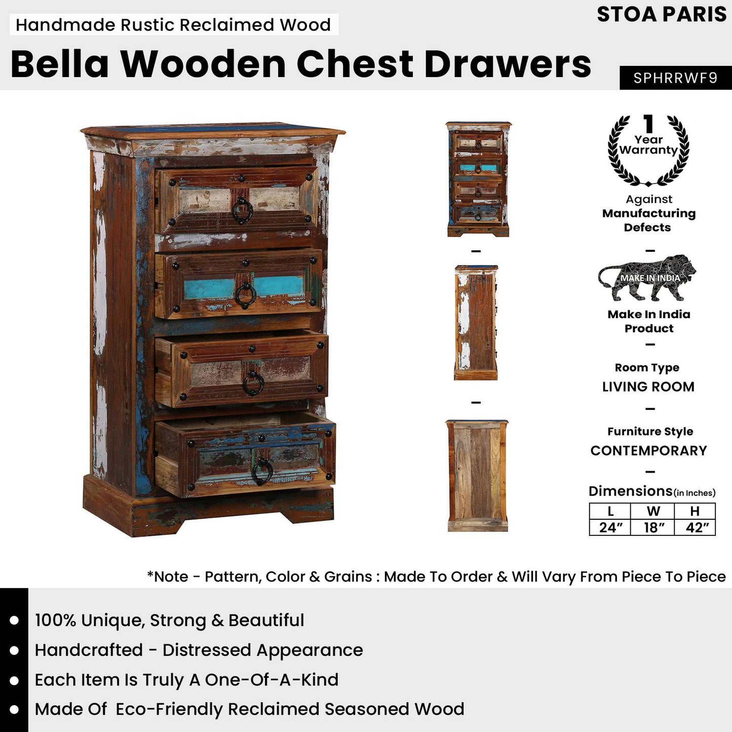Bella Handmade Rustic Reclaimed Wood Chest Of Drawers In Distress Finish