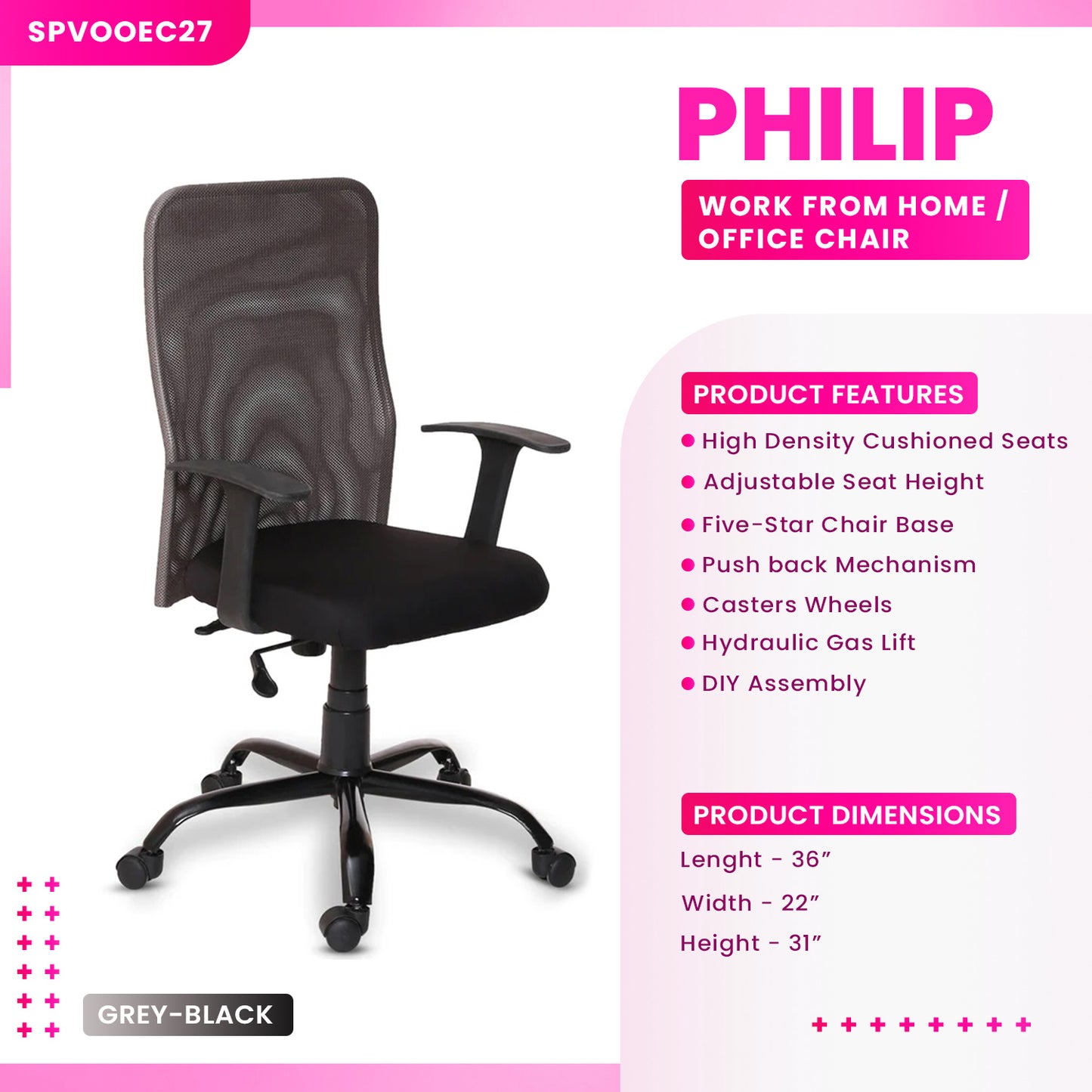 Philip - Medium Back Ergonomic Chair for Work from Home & Office - Grey & Black