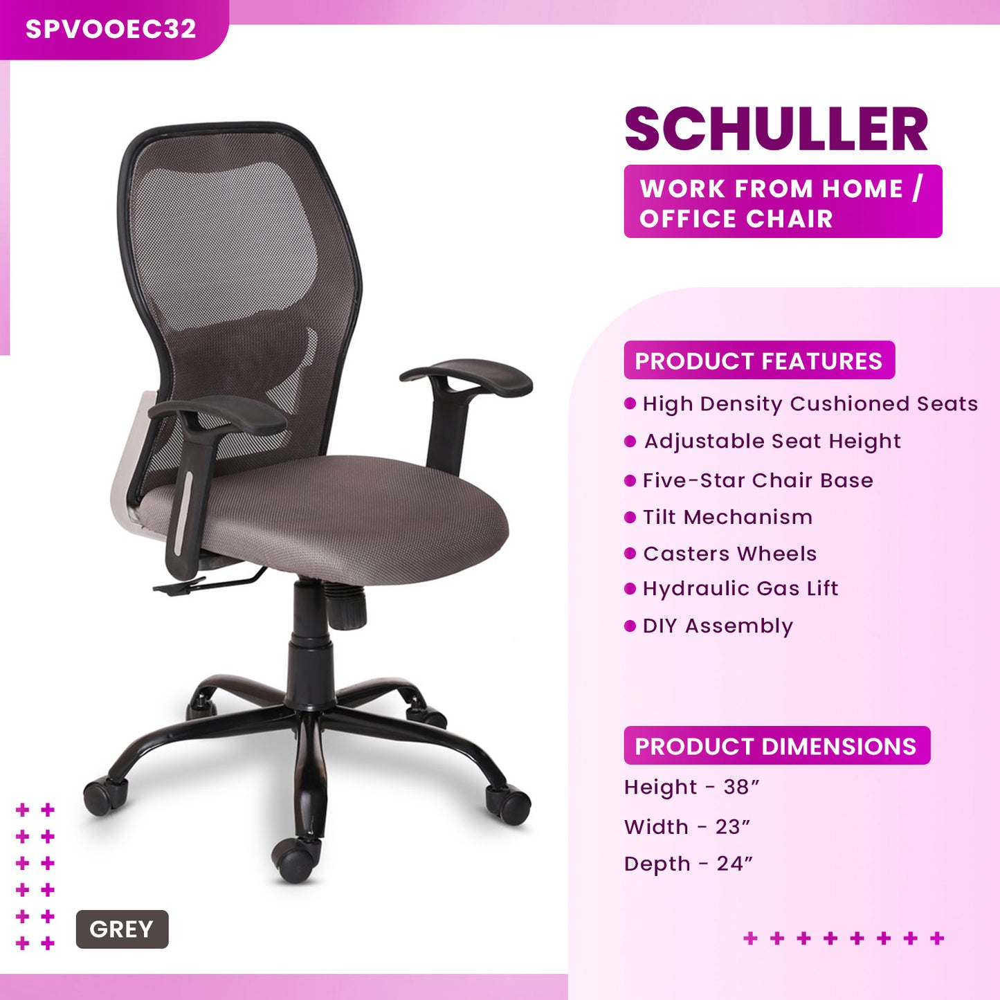 Schuller - Medium Back Ergonomic Chair for Work from Home & Office - Grey