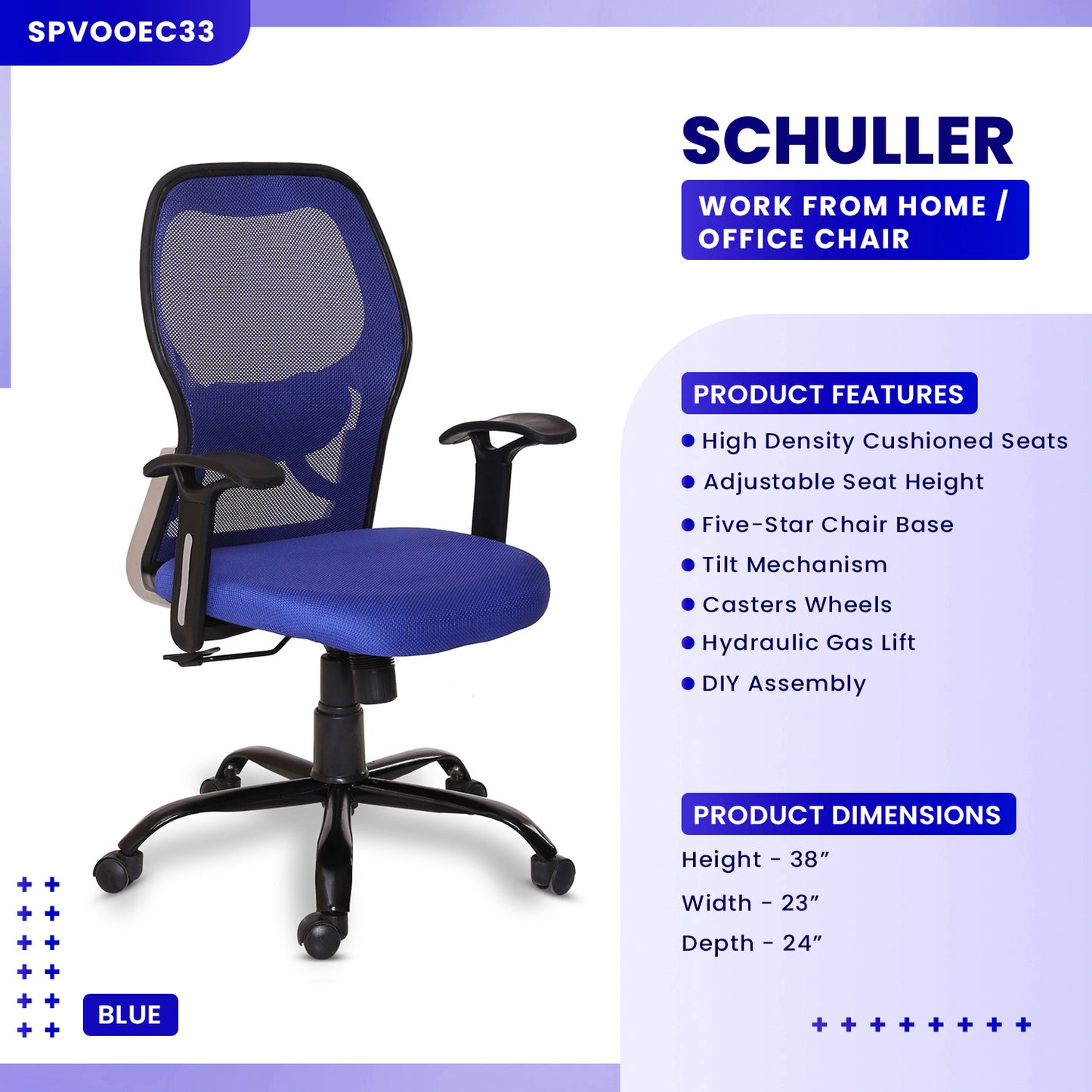 Schuller - Medium Back Ergonomic Chair for Work from Home & Office - Blue