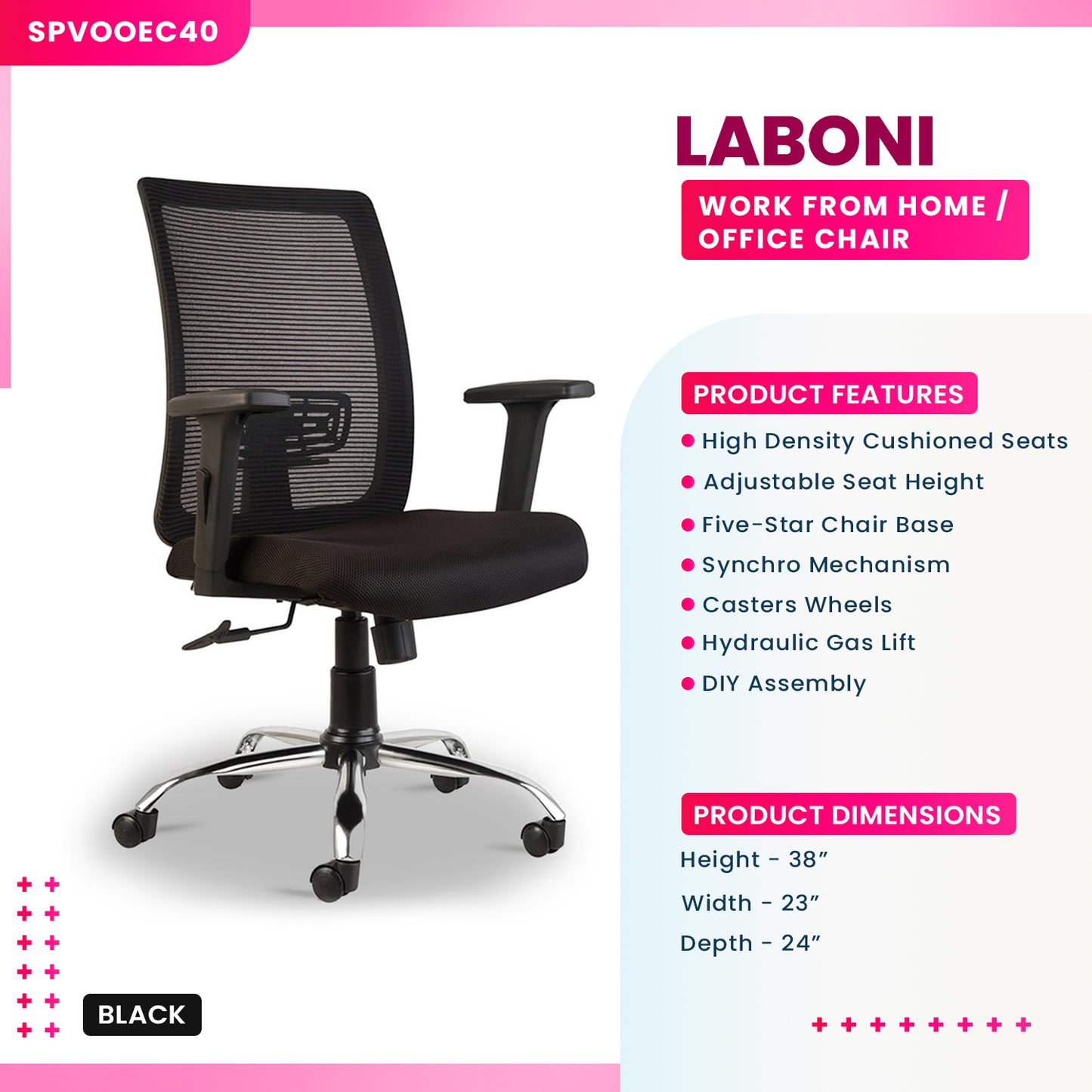 Laboni - Medium Back Ergonomic Chair for Work from Home & Office - Black
