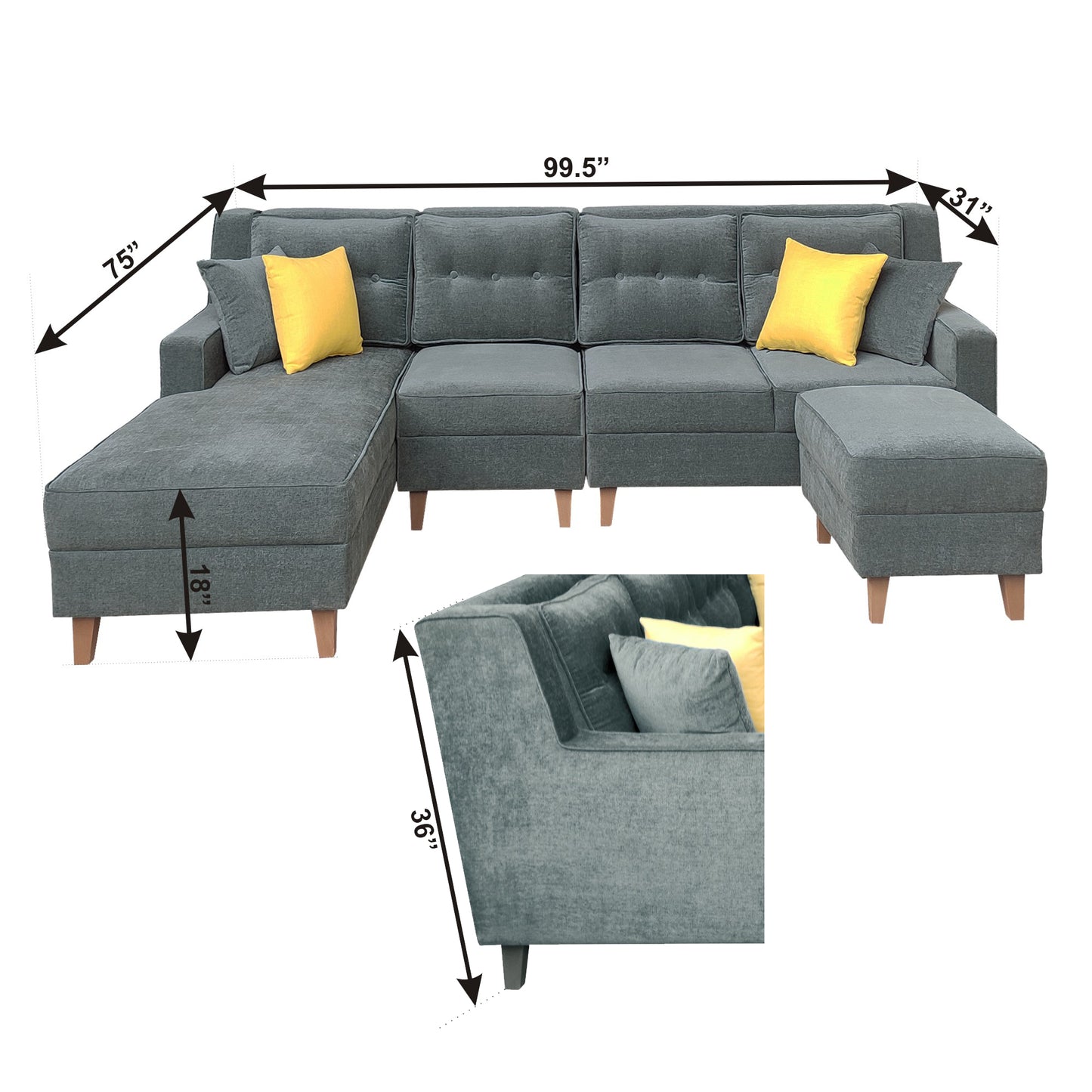 Santafee 6 Seater Right Facing Corner Sofa with Two Seater Ottoman - Grey