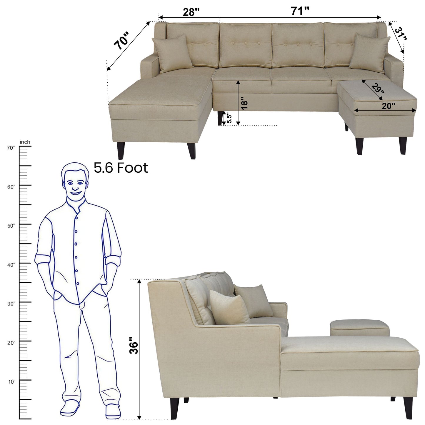 Santafee 6 Seater Sofa - Beige