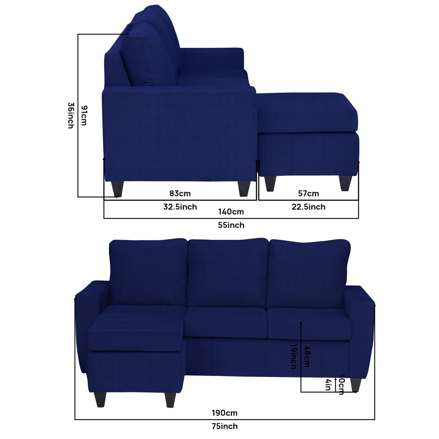 Tayson Fabric 4 Seater (3 Seater + Ottoman) Sofa - Blue