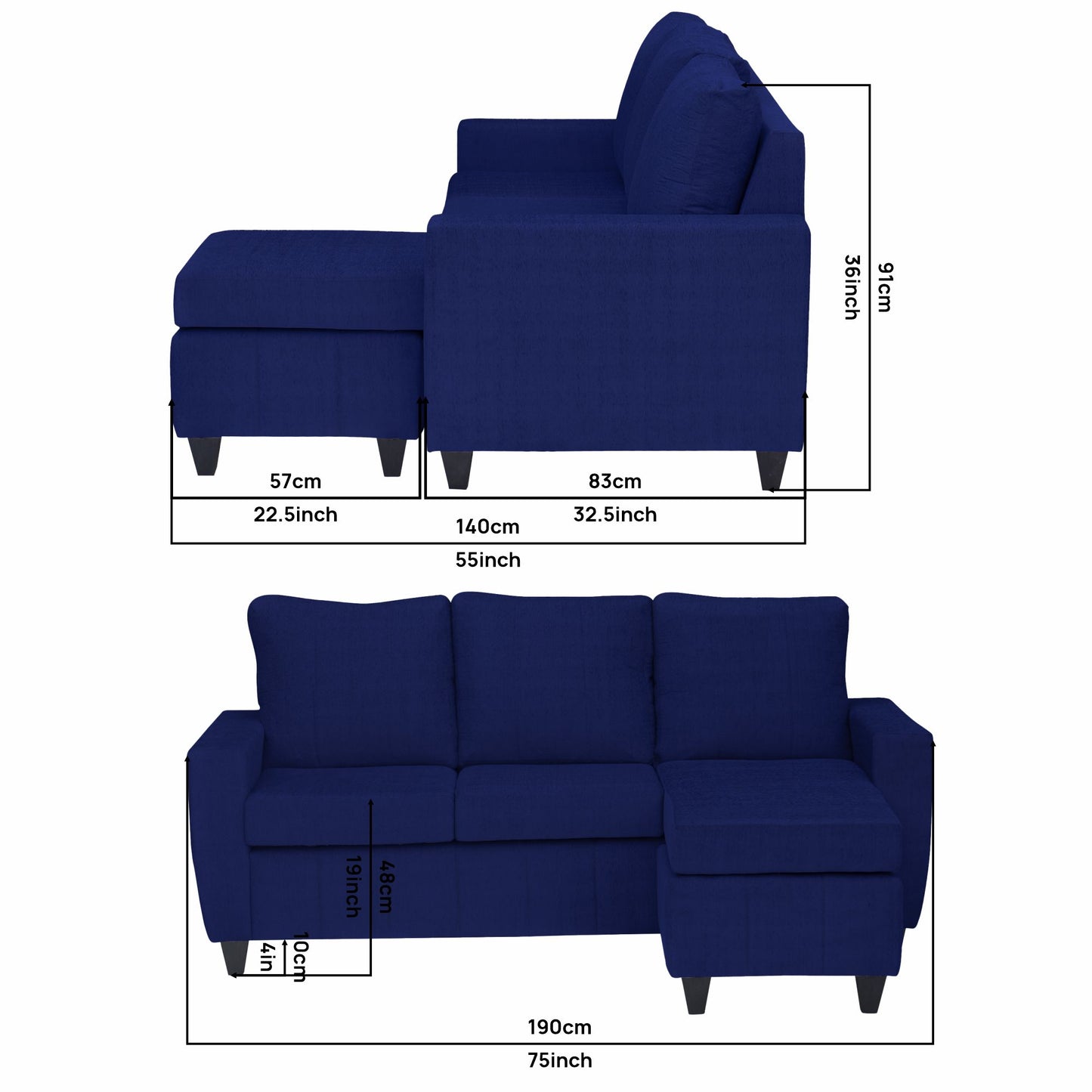 Tayson Fabric 4 Seater (3 Seater + Ottoman) Sofa - Blue