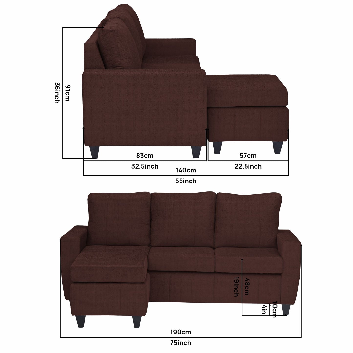 Tayson Fabric 4 Seater (3 Seater + Ottoman) Sofa - Coffee