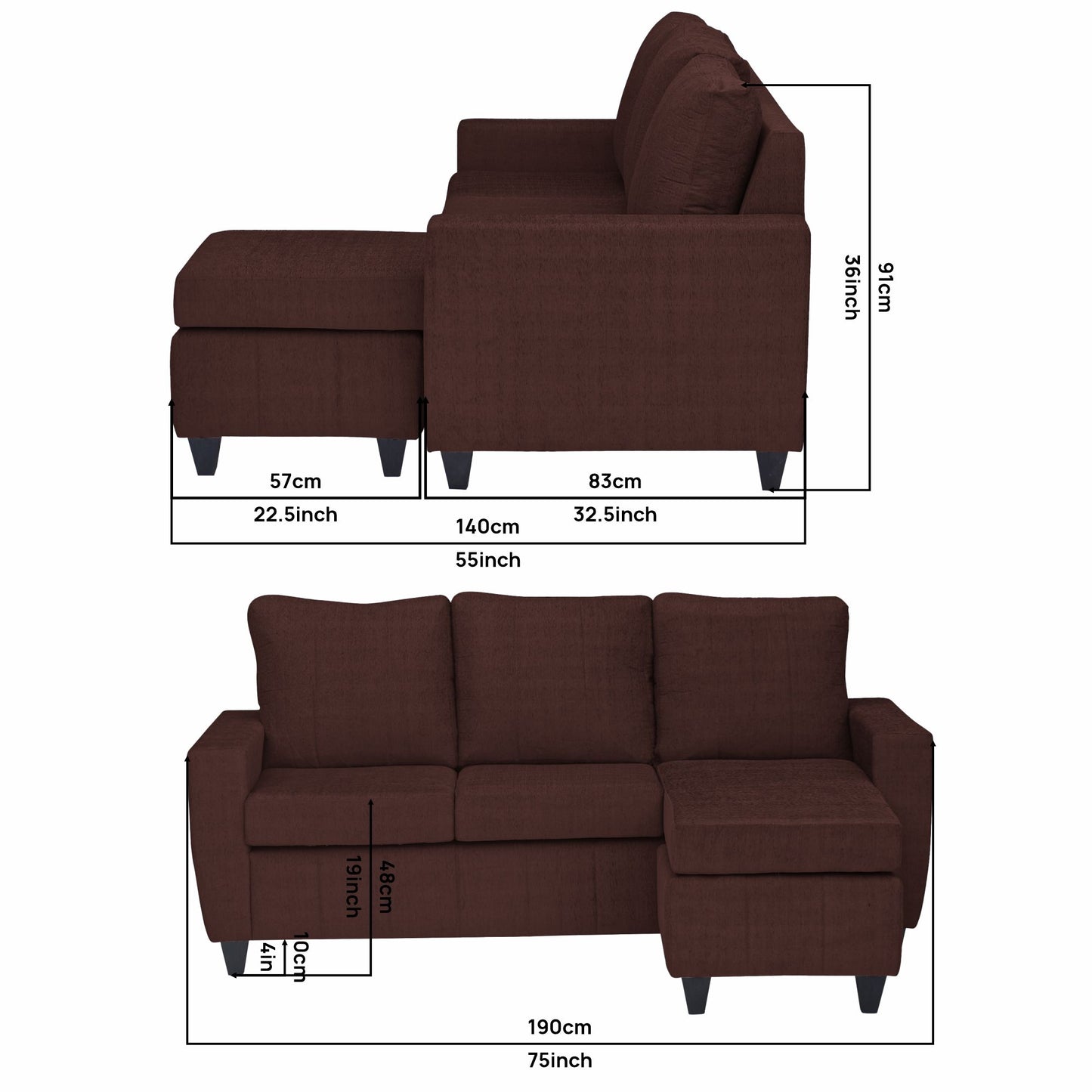 Tayson Fabric 4 Seater (3 Seater + Ottoman) Sofa - Coffee
