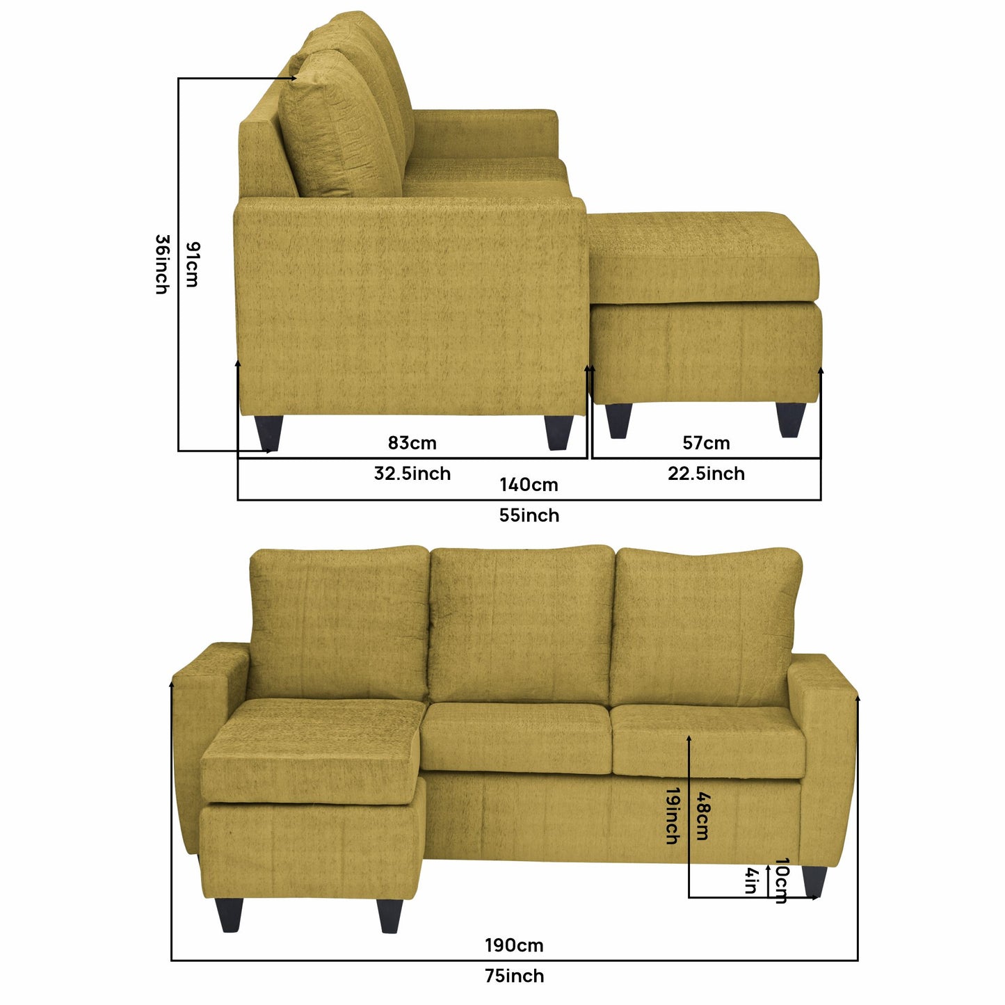 Tayson Fabric 4 Seater (3 Seater + Ottoman) Sofa - Mehandi