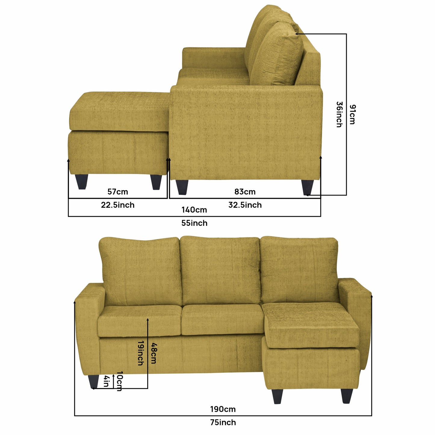 Tayson Fabric 4 Seater (3 Seater + Ottoman) Sofa - Mehandi