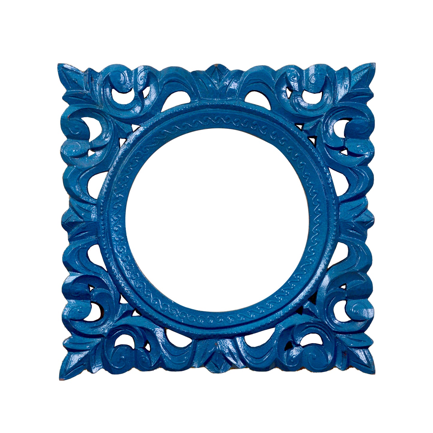 Oviyan - Solid Wood Wall Hanging Mirror Frame In Blue Colour Paint Finish