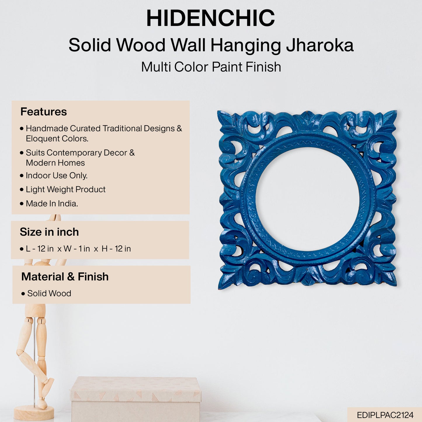 Oviyan - Solid Wood Wall Hanging Mirror Frame In Blue Colour Paint Finish