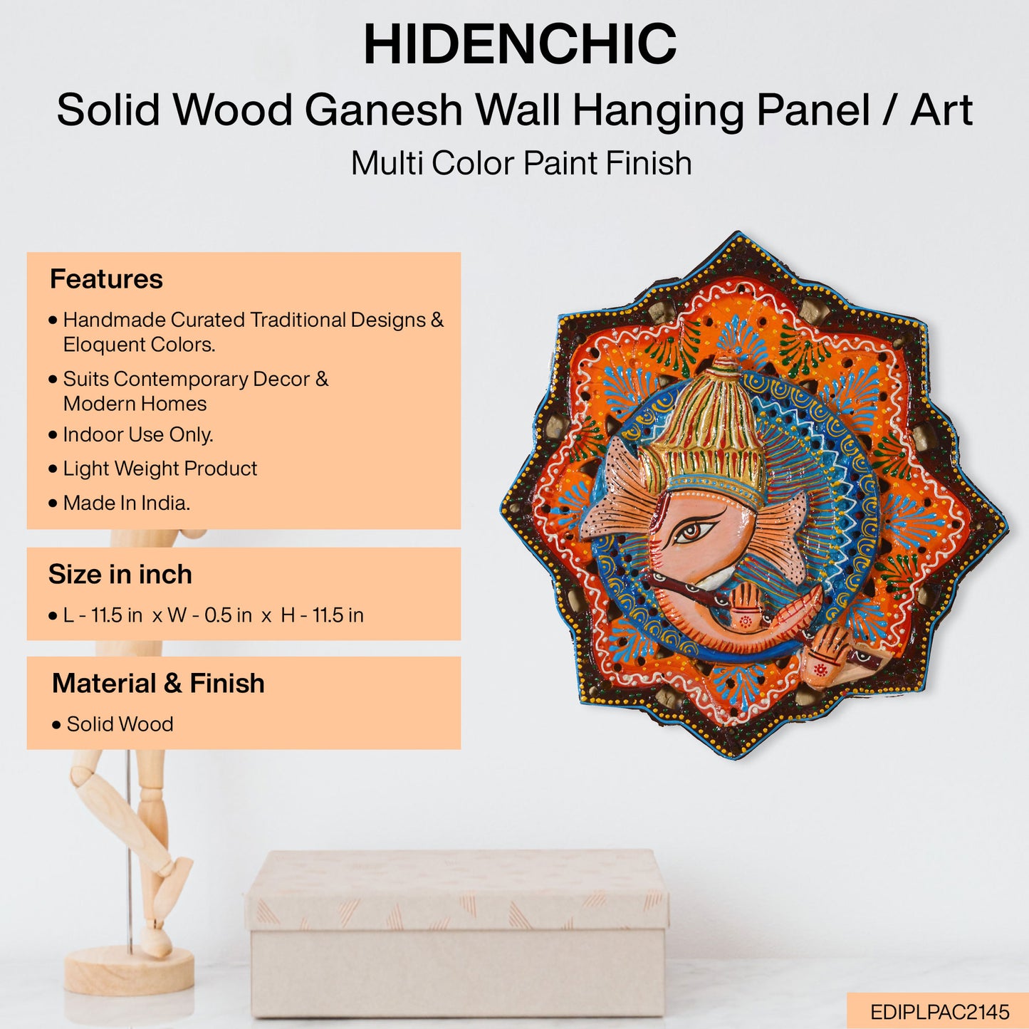 Maka - Solid Wood Ganesh Wall Art - Multi Colour Paint Finish