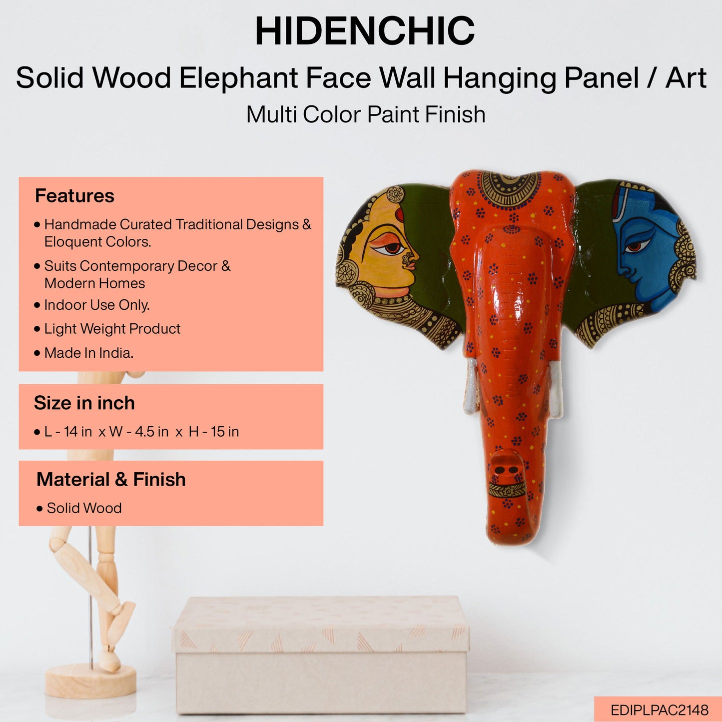 Saier - Solid Wood Elephant Face Wall Art - Multi Colour Paint Finish