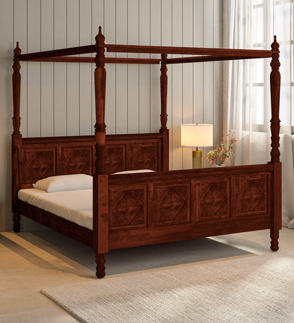Sheesham Wood King Size Non Storage Poster Bed In Honey Oak Finish