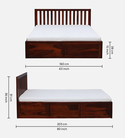 Sheesham Wood Queen Size Bed In Honey Oak Finish With Box Storage