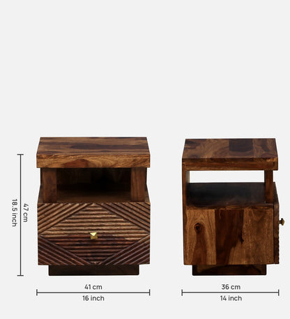 Sheesham Wood Bedside Table In Natural Walnut Polish Finish With Drawer