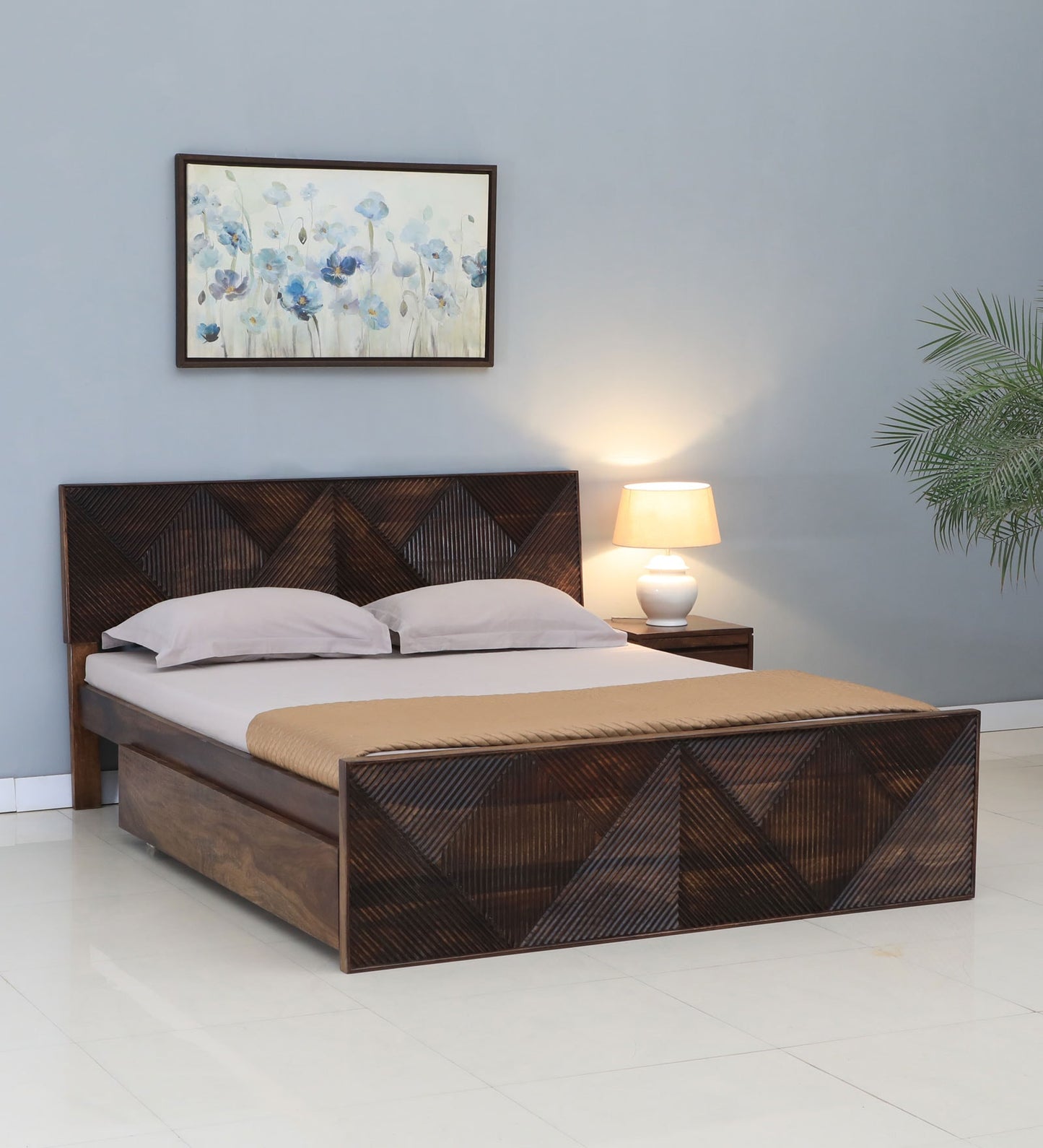 Sheesham Wood Queen Size Bed In Provincial Teak Finish With Drawer Storage