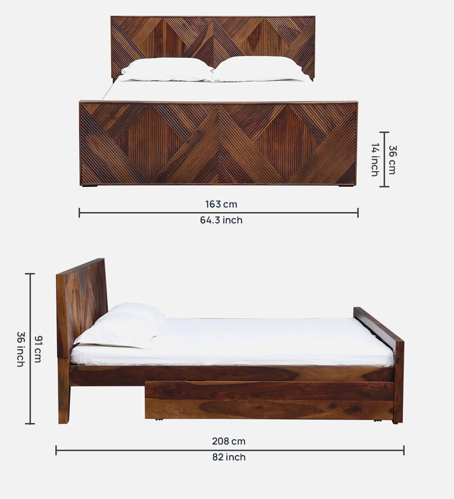 Sheesham Wood Queen Size Bed In Provincial Teak Finish With Drawer Storage