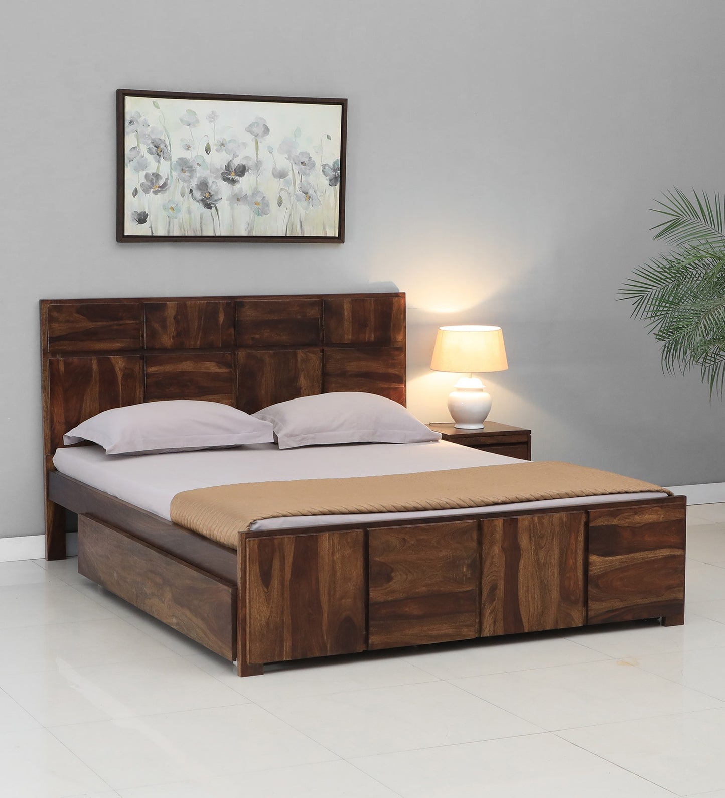 Sheesham Wood Queen Size Bed In Provincial Teak Finish With Drawer Storage