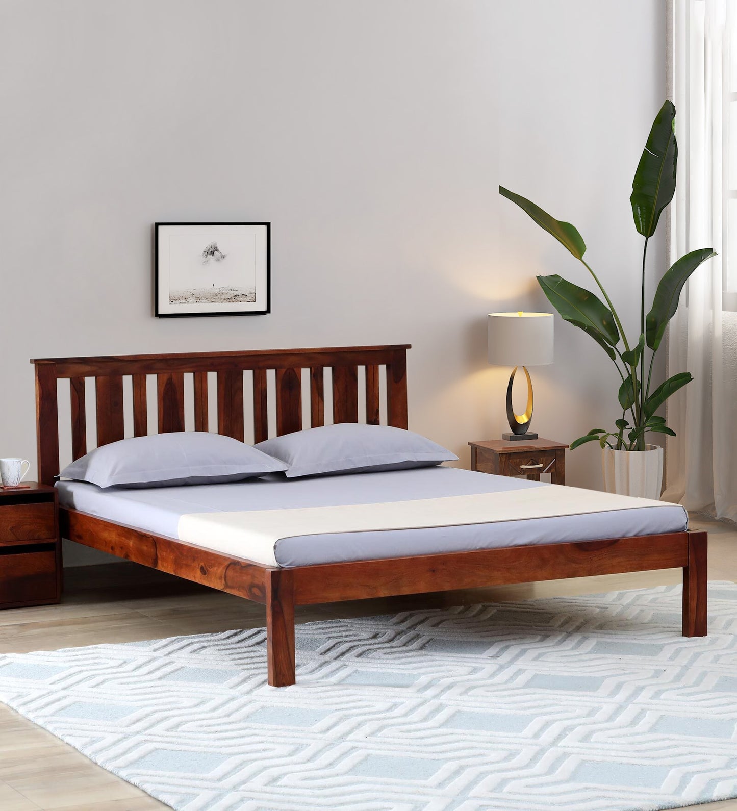 Sheesham Wood Queen Size Non Storage Bed In Honey Oak Finish