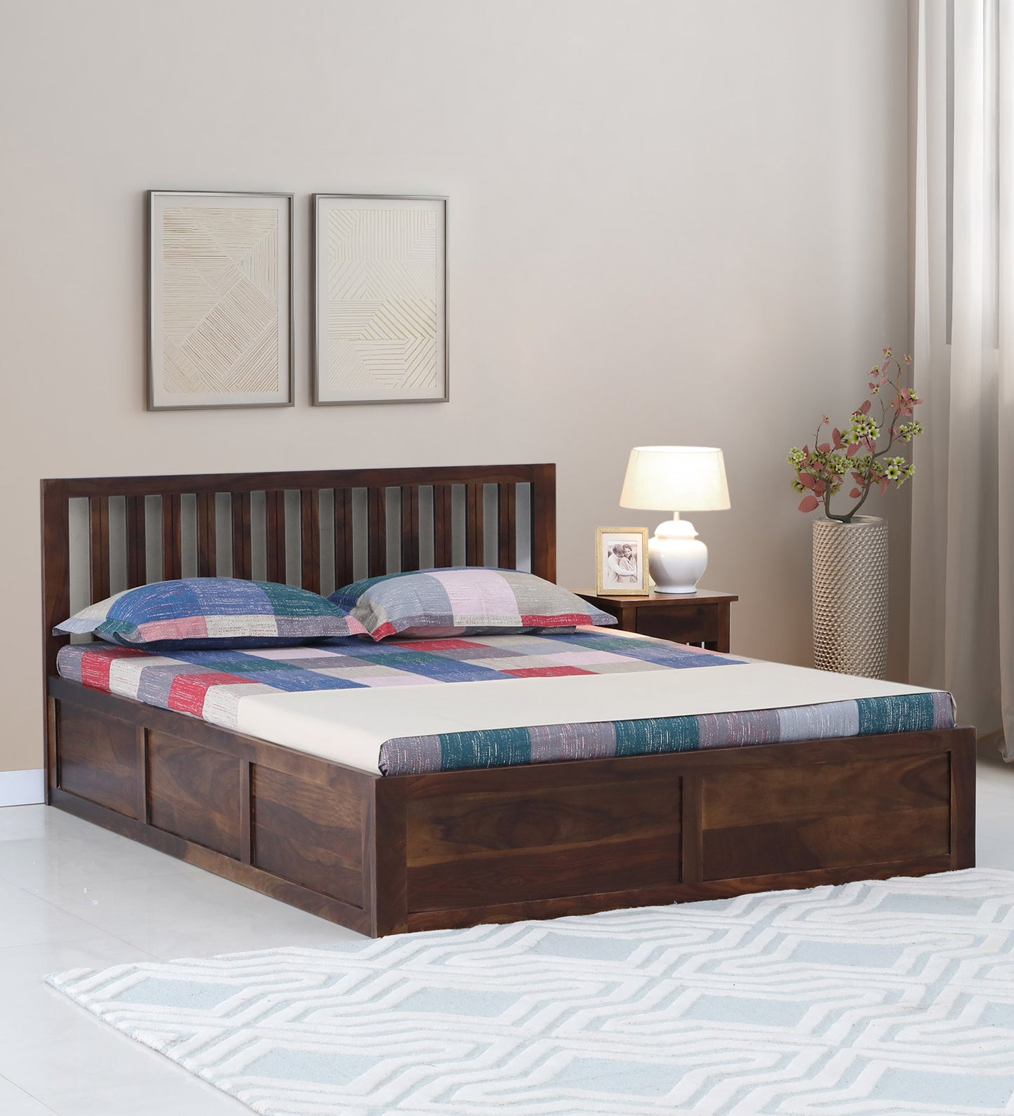 Solid Sheesham Wood Storage Queen Size Bed In Walnut Finish