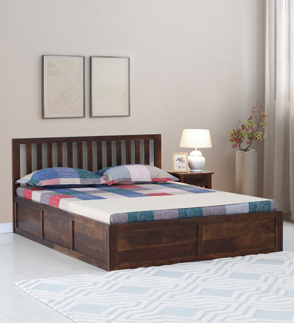 Solid Sheesham Wood Storage Queen Size Bed In Walnut Finish