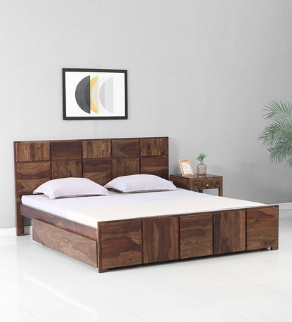 Sheesham Wood King Size Bed In Light Walnut Polish Finish With Drawer Storage