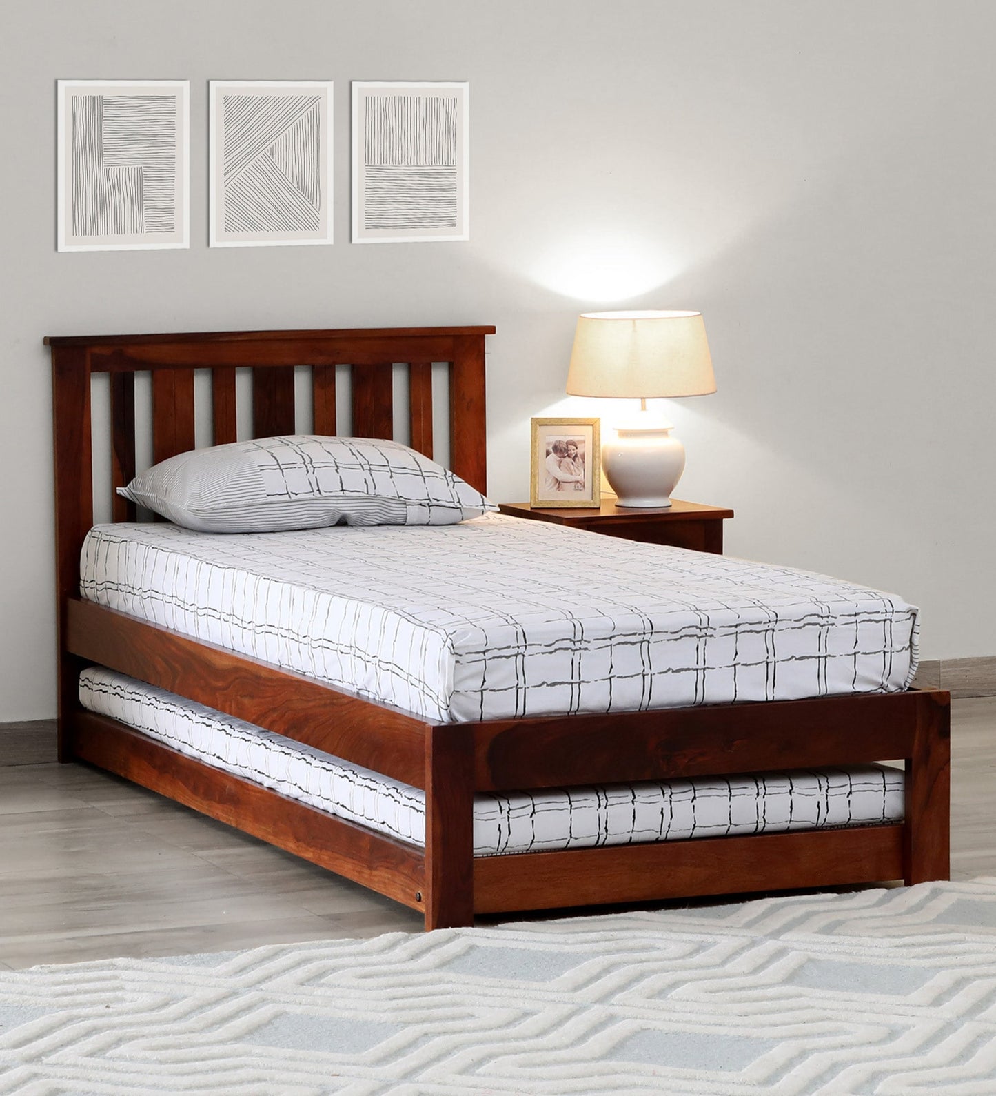 Sheesham Wood Single Bed In Honey Oak Finish With Trundle