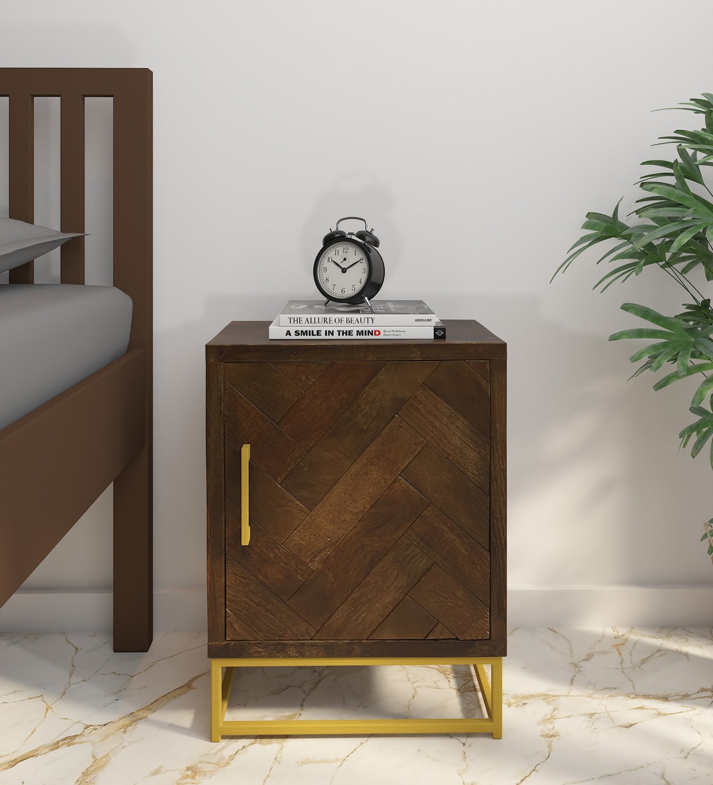 Solid Sheesham Wood Bedside Table With Storage In Teak Polish Finish
