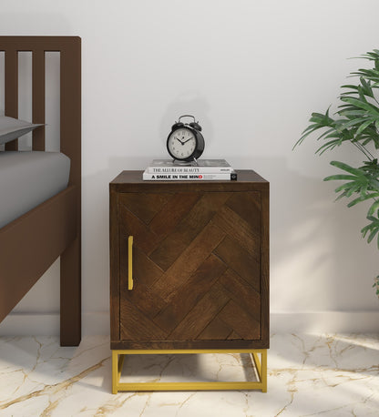 Solid Sheesham Wood Bedside Table With Storage In Teak Polish Finish