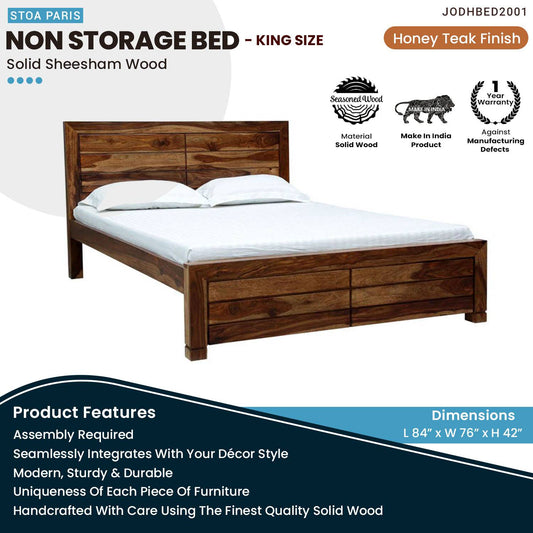 Bruce Wooden Non Storage Bed Solid Wood Bed For Home In Honey Teak Polish Finish
