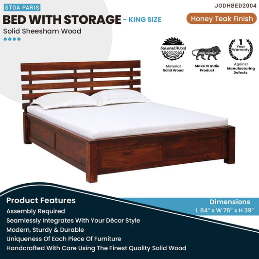 Ozzy Wooden Storage Bed Solid Wood Bed For Home In Honey Teak Polish Finish