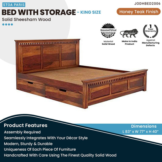 Martin Wooden Storage Bed Solid Wood Bed For Home In Honey Teak Polish Finish