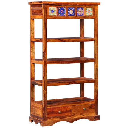 Bellfort Bookshelf Storage Organizer With Two Drawers - Honey Teak Polish