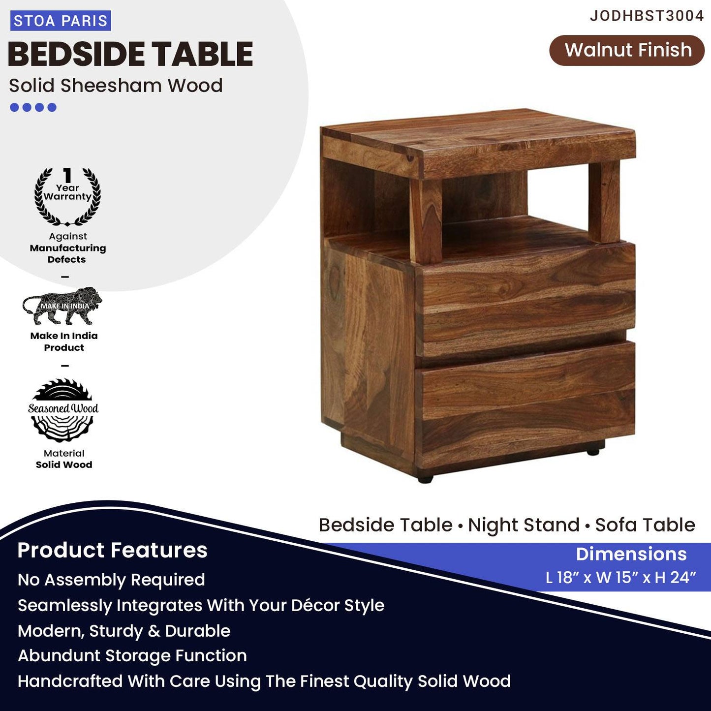 Joseph Nightstand Bedside Table With Drawer In Solid Sheesham Wood In Walnut Polish Finish