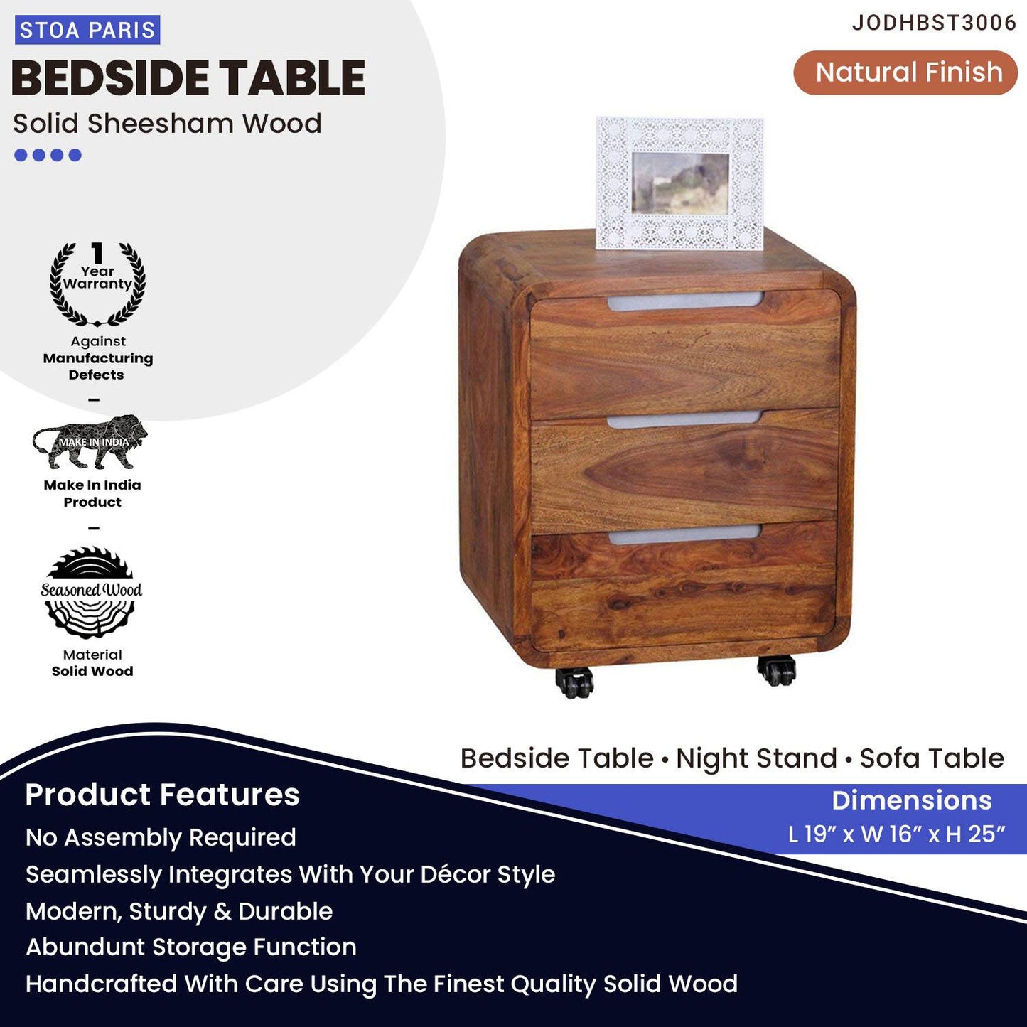 Carlos Nightstand Bedside Table With Drawers In Solid Wood In Natural Polish Finish