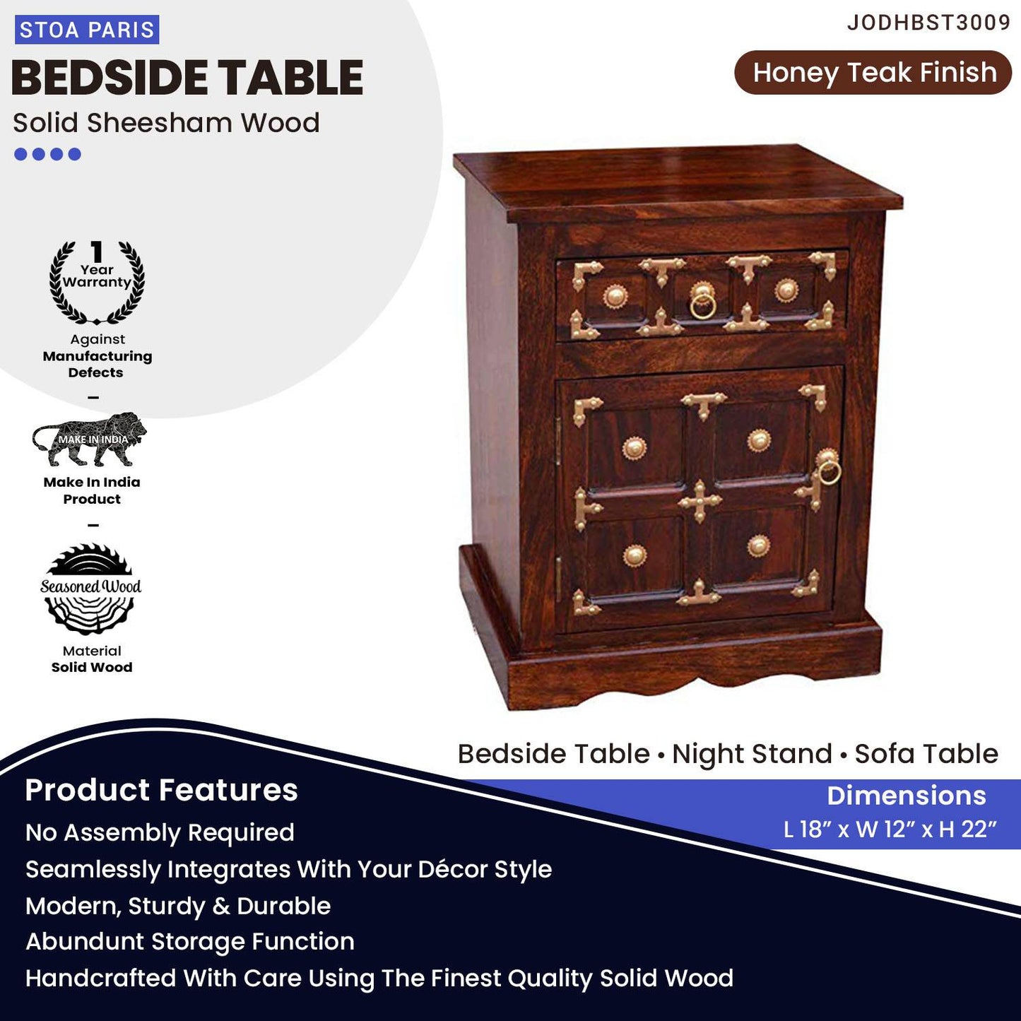Dayl Bedside Table With Drawers In Solid Sheesham Wood In Teak Polish Finish