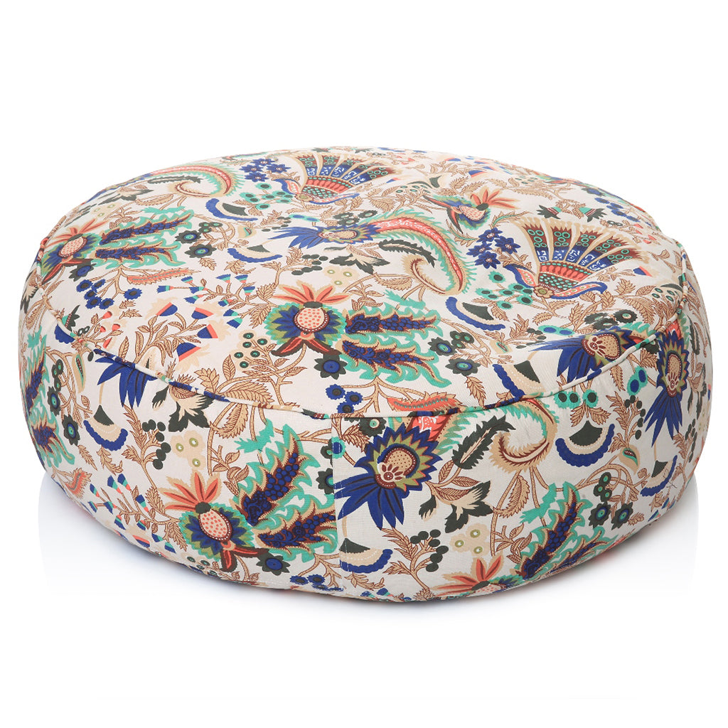 Canvas Floral Printed Round Floor Cushion With Beans - XL Size