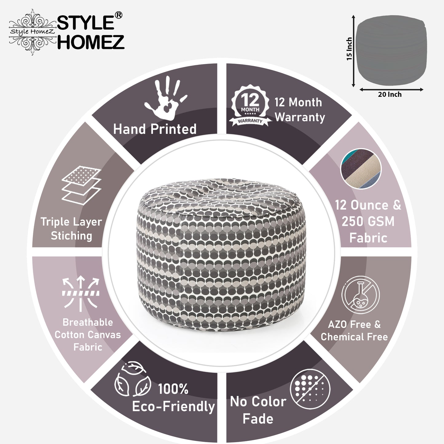 Round - Canvas Printed Bean Ottoman With Fillers - Large