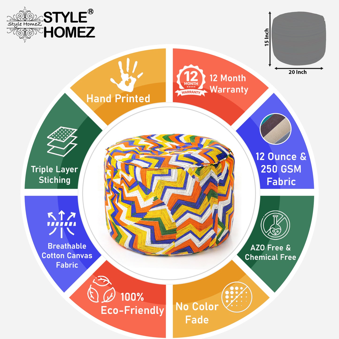 Round - Ottoman Printed Bean Bag With Fillers - Large