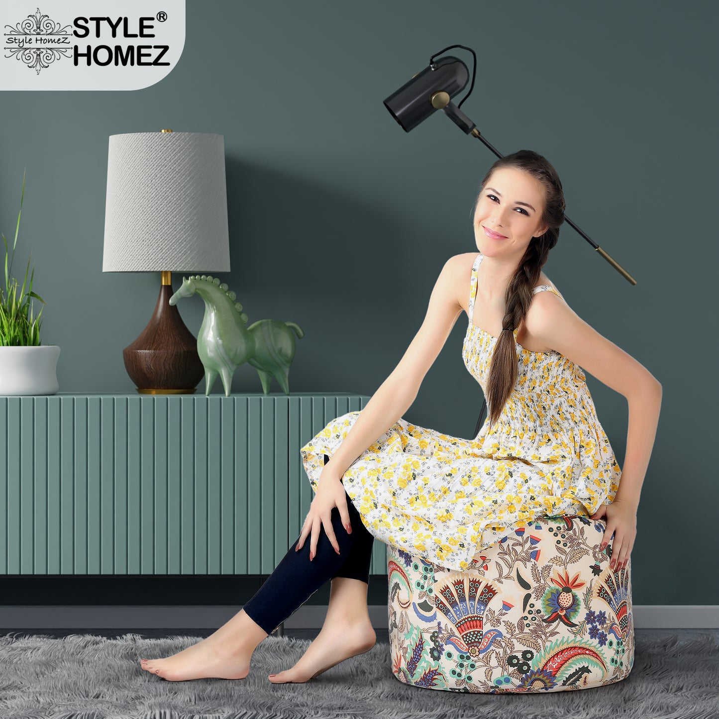 Round - Canvas Printed Bean Ottoman With Fillers - Large