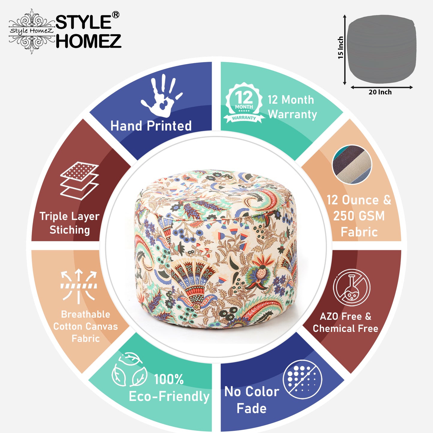 Round - Canvas Printed Bean Ottoman With Fillers - Large