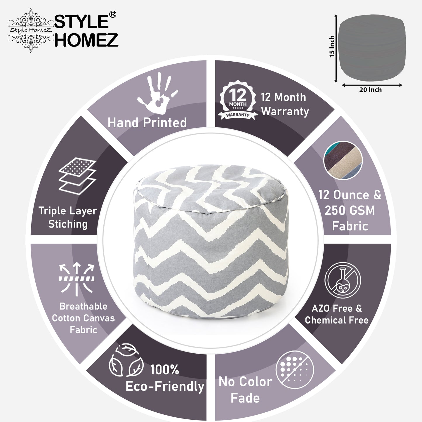 Round - Canvas Printed Bean Ottoman With Fillers - Large